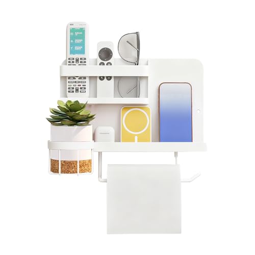 Bedside Wall Organizer Metal Shelf with Cup & Tissue Holder – Waterproof Wall Storage Rack for Dorm Room, Bathroom, Kitchen, and Office (White) - color: White