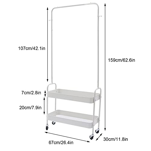 2-Tiers Clothes Rack Freestanding Clothing Garment Rack with Metal Basket Rolling Storage Clothes Shelves Portable Organizer Coat Rack for Entryway Home Bedroom Laundry Small Place (White) - color: White
