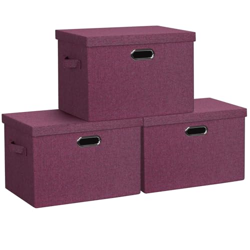 Graciadeco Large 17" 36 Quart Collapsible Stackable Storage Bins with Lids, 3 Packs Purple Linen Fabric Closet Boxes with Lids, Storage Cube Baskets Container Organizers for Bedroom Office (17x12x11) - color: Purple, size: Large -3 Pack