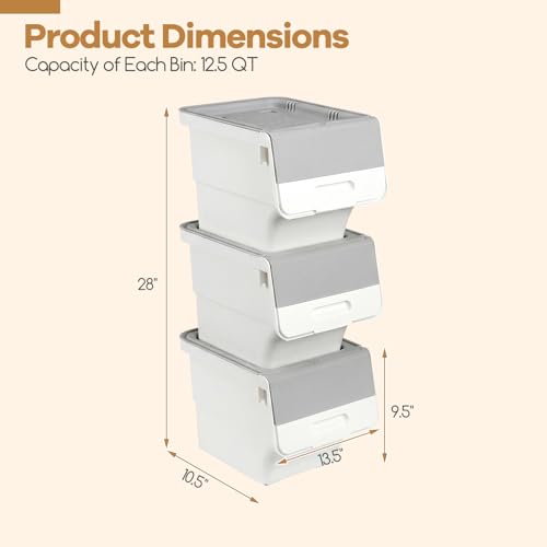 Giantex Plastic Stackable Storage Bins with Lids & Wheels, 3 Pack Open Front Stacking Bins, Organizer Bins for Pantry, Kitchen, Laundry, Closet, Playroom, Bedroom Organization （12.5 QT） - color: White + Gray, size: 3 Pack, 12.5 QT