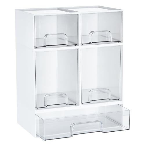 Vtopmart Stackable Storage Drawers Set of 5, Plastic Organizer Bins for Baby Bottle, Beauty Supplies Storage, Ideal for Kichen Countertop, Vanity, Bathroom, Cabinet, Pantry Organization,White - style: White-2 Small+2 High+1 Wide