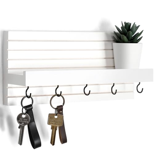 Lwenki Decorative Key Holder for Wall with Shelf, Entryway Shelf with Hooks Holds Leashes, Jackets and Glasses – Sturdy Wood Keyholder Entrance Hanger with Mounting Hardware (White, Medium) - color: White, size: Medium