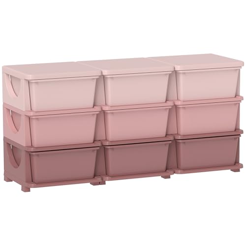 Qaba 3 Tier Kids Storage Unit, Toy Organizers and Storage with 9 Drawer Chest for Kids Bedroom Nursery Kindergarten Living Room for Boys Girls Toddlers, Pink - color: Pink, size: 44.5" x 14.5" x 22.25"