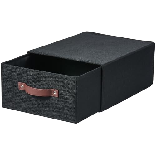 Closet Drawer Organizer Stackable Fabric Storage Boxes Bins Baskets with Lid PU Leather Handles Foldable Washable Cotton Linen Wardrobe Shelf Clothes Towels Container (Black, Large) - color: Black, size: Large ( Set of 1 )