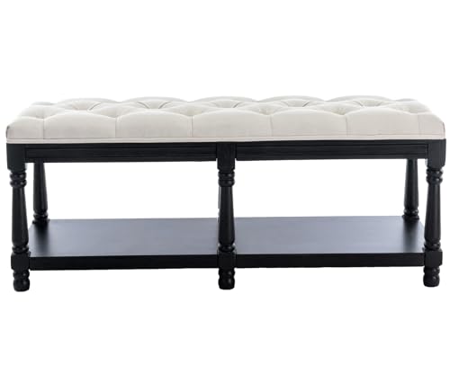 Kmax Storage Entryway Bench Tufted Shoe Rack Bench Black Wood Window Bench for Hallway Entrance Bedroom Corner, Beige - color: Beige- Black Wood, size: Storage- 2 Seats