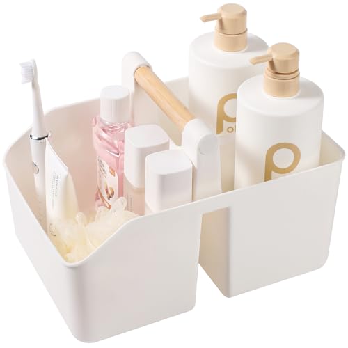rejomiik Portable Shower Caddy Basket with Bamboo Handle, Plastic Cleaning Caddy Bathroom Organizer Tote for College Dorm Essentials, Bath Toy Storage, White - color: White