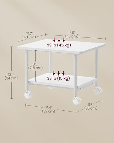 VASAGLE Printer Stand with Locking Wheels, Industrial Mobile Cart, Under Desk Printer Table for Home Office, 18.9 x 15.7 x 13.4 Inches, Storage Shelf, 2-Tier, Cloud White - color: Cloud White, size: 2 Tiers/Compact