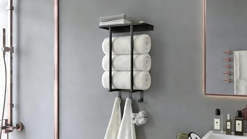 Towel Racks for Bathroom, Bathroom Towel Rack Wall Mounted with Metal Shelf and 3 Hooks for Small Bathroom, Black - color: Black, size: Round Tube