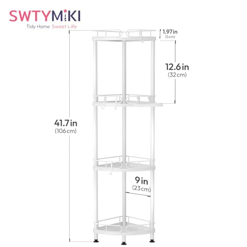 SWTYMIKI Corner Shower Caddy Standing - 4 Tier Stainless Steel Shower Organizer Stand with 4 Hooks & Soap Holder, Rustproof Metal Standing Tall Floor Shower Shelf and Bathroom Organizer, White - color: White-4 tier