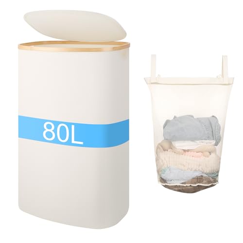 Slim Laundry Basket with Lid, 80L Narrow Laundry Hamper with Removable Bag, Clothes Hampers for Laundry with Bamboo Handles for Bathroom, Bedroom, Dorm & Laundry Room - color: Beige, size: 80L