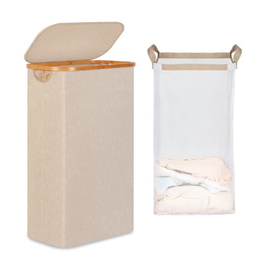 iEGrow 65L Slim Laundry Hamper, Narrow Laundry Basket with Lid,Foldable Clothes Hamper with Bamboo Handles,Hamper Basket with Removable Inner Bag for Laundry Room Bedroom College Dorm,Oatmeal - color: Oatmeal, size: 65L