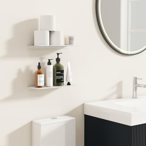 MKO 12" Floating Shelves for Wall, Small Metal Wall Mounted Shelf for Bathroom, Bedroom, Living Room, Kitchen, Little Hanging Shelves for Books/Storage/Room Decor 2 Packs, White - color: White, size: 12 IN