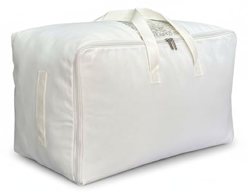 DoYiKe Soft Large Canvas Comforter Storage Bags with Four Carrying Handles and Clear Window, Closet Organizer for Clothing, Blankets Sheets Pillows and Bedding, 80L, White - color: White, size: 80L - 1 Pack