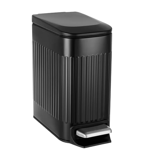 TrashAid Small Black Bathroom Trash Can with Lid Soft Close, 6 Liter / 1.6 Gallon, Stainless Steel Garbage Can with Removable Inner Bucket, Step Pedal, Slim Wastebasket for Toilet, Office, Bedroom - color: Black