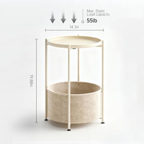Small Round Side Table with Felt Storage Basket, Metal End Table with Removable Tray and Adjustable Feet, Accent Table for Nursery, Bedroom, Living Room, Laundry Room, Gold - color: Gold
