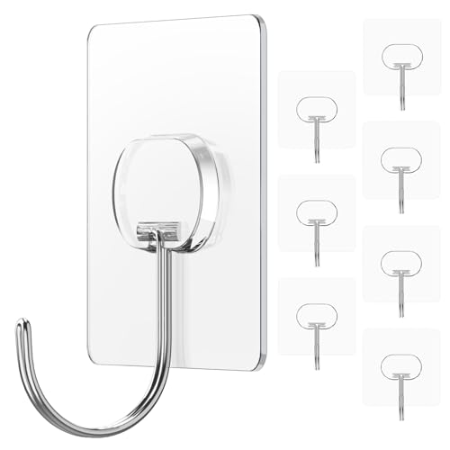 JINSHUNFA Adhesive Wall Hooks 13LB Heavy Duty No Drill Large Transparent Waterproof Hooks for Bathroom Kitchen Towel Coat 8 Pack - size: 8 Large hooks