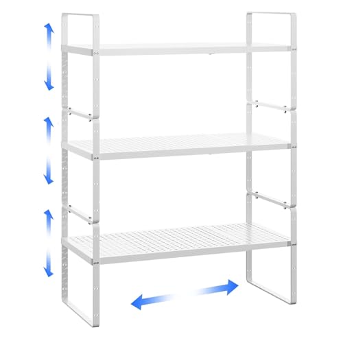 Expandable Kitchen Cabinet Shelf Organizer Rack Heavy Duty Metal Spice Rack Stackable Kitchen Counter Storage Shelf for Kitchen Cabinet Pantry Bathroom (White - 16.5"-27" L x 8" W x 9.6" H - 3Pack) - color: White - 16.5"-27" L X 8" W X 9.6" H - 3pack