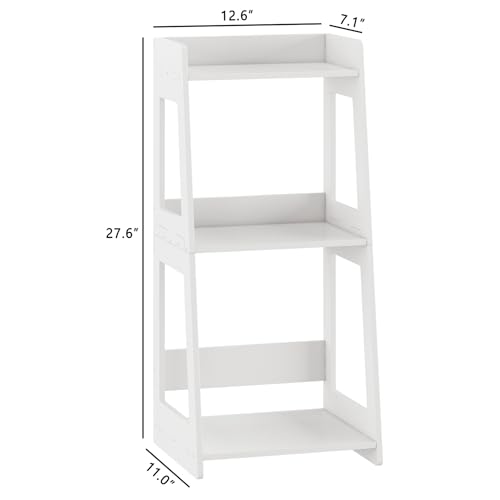 3-Tier Bathroom Ladder Shelf Freestanding, White Floor Shelves Open Shelving Unit, Small Bookshelf Nightstand for Home Study Laundry Room (11.0”D x 12.6”W x 26”H) - size: 11.0”D x 12.6”W x 26”H