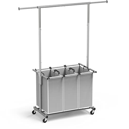 Simple Houseware 3 Bags Laundry Sorter with Extensible Clothes Hanging Rod - color: Silver