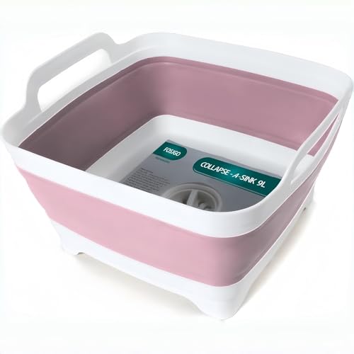FOSJGO 2.4 Gal(9L) Collapsible Dish Basin with Drain Plug,Space Saving Multiuse Foldable Sink Tub,Dishpan,Kitchen Sink for Camping,Plastic Tub,Vegetable Washing,RV… - color: Pink