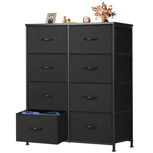 OLIXIS 8 Drawer Dresser for Bedroom, Wide Fabric Storage Tower with Wooden Top and Metal Frame, Closet Chest Organizer Furniture, Living Room Hallway, Black - color: Black, size: 11.8"D x 31.5"W x 36.4"H (8 Drawers)