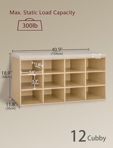 DINZI LVJ Shoe Storage Bench with Cushion, 12-Cubby Shoe Rack, Adjustable Shelves, 40.9" Long Shoe Organizer Bench for Entryway, Mudroom, Hallway, Garage, Natural and Cappuccino Beige - color: Natural, size: 12 Cubby