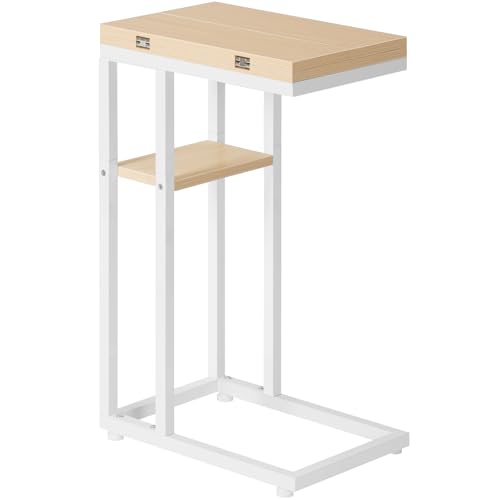 HOOBRO Foldable End Table, C Shaped Side Table with Storage Shelf, Small Snack Table Suitable for Living Room Bedroom Small Spaces, Easy Assembly, White and Natural WN29SF01 - color: White + Natural