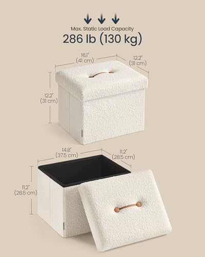 SONGMICS Small Folding Storage Ottoman, Foot Rest Stool, 12.2 x 16.1 x 12.2 Inches, Ottoman with Storage, Load up to 286 lb, for Living Room, Bedroom, Dorm, Cream White ULSF094W01 - color: Cream White, style: Teddy Fleece
