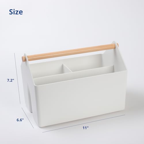BLUE GINKGO Medium Storage Basket – Plastic Caddy with Wooden Handle for Office, Arts & Crafts, or Home Supplies (White) - color: WHITE, size: Medium