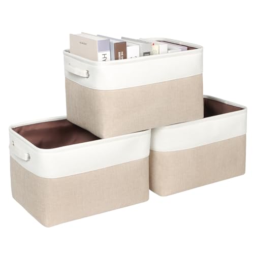 Kntiwiwo Foldable Storage Bin Collapsible Fabric Storage Basket Cube with Durable Handles Closet Organizer Bins for Organizing Shelves Drawers, Set of 3, 15" x 10" x 9.5", Beige - color: Beige, size: 15" x 10" x 9.5"