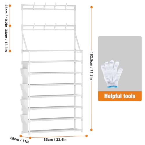 OYREL Shoe Rack 7 Tier Sturdy Shoe Racks for Closet Shoes Organizer for 28-35 Pairs Large Capacity Shoe Storage Rack with Multifunctional 5 Hooks and Side Pocket for Entrance Entryway - color: White, size: 7 Tier