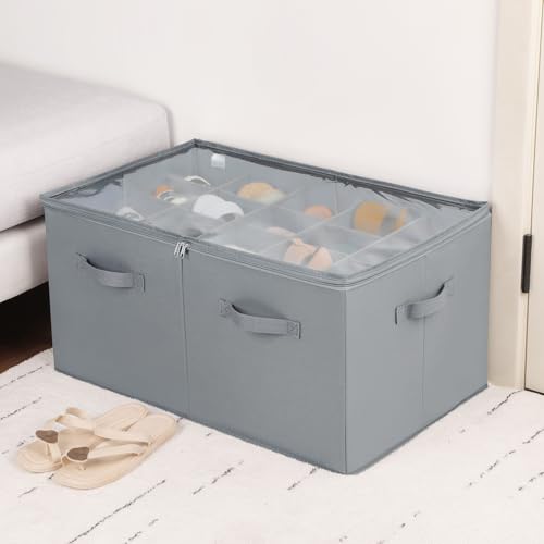 TOPIA HOME Shoe Organizer for Closet, Foldable Shoe Box with Adjustable Dividers and Clear Cover, Space Saving Shoe Storage Organizer Cabinet with Reinforced Handles, Fits 20 Pairs, Gray, TP10G - color: Gray, size: Extra Large(26.5''L x 16.54''W x 13.5''H