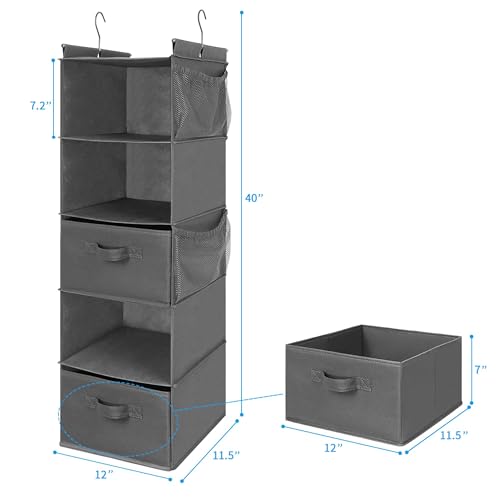 MAX Houser 5 Tier Shelf Hanging Closet Organizer, Cloth Hanging Shelf with 2 Sturdy Hooks for Storage, Foldable (Grey-D2) - color: Grey-d2