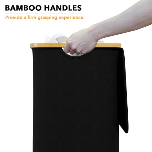 SpaceAid Laundry Hamper with Lid, 110L Large Tall Clothes Basket Bin with Bamboo Handles, Collapsible Laundry Hamper for Bedroom, Bathroom, Dorm, Laundry Room - Black - color: Black, size: 110 L