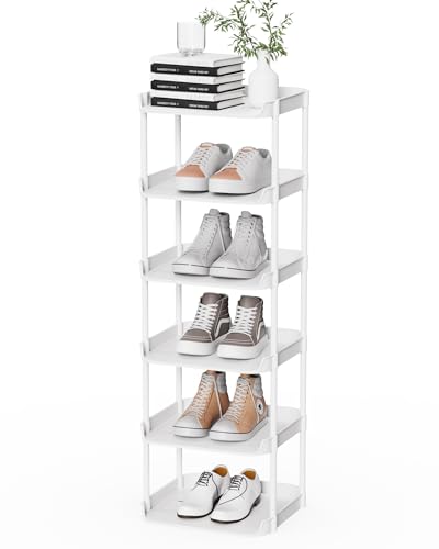 6 Tier Narrow Shoe Storage Rack, Compact Single Shoerack Stand for Slim Space, Stackable Tall Thin Show Tower, Solid Plastic Shelves, for Hallways, Kitchens, Bedrooms Tidy Organizer, White - color: White, size: 6 tier