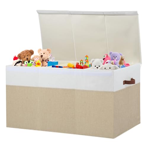 Gowee Extra Large Toy Storage Box with Lid, Sturdy Toys Storage Chest Bin Organizer Basket with Dividers for Kids, Boys, Girls, Nursery, Closet, Bedroom, Playroom 35.5"x17" x17" (Beige and White) - color: Beige and White, size: 35.5"x17" x17"