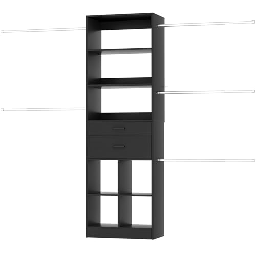 Besiost Closet System, 4-8 FT Closet Organizer Tower with 2 Wooden Drawers and Shelves, Can Fit 60 to 96 inch Walk-in Closet System with 5 Hang Rods, Built-in, Black - color: Black