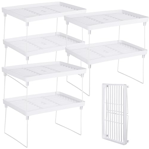 Homaisson 6 PCS Cabinet Storage Shelf Rack, Foldable Cabinet Organizer Shelf, White Stackable Plastic Kitchen Storage shelves Foldable Rack for Kitchen, Fridge, Bathroom