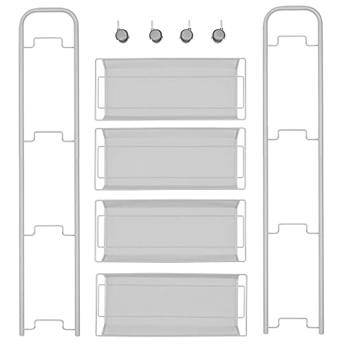 mDesign Slim Steel Metal Rolling Utility Cart Storage Organizer Trolley with 4 Basket Shelves for Laundry Room, Kitchen, Bathroom Organization - Narrow Holder for Detergent - Biro Collection, Silver