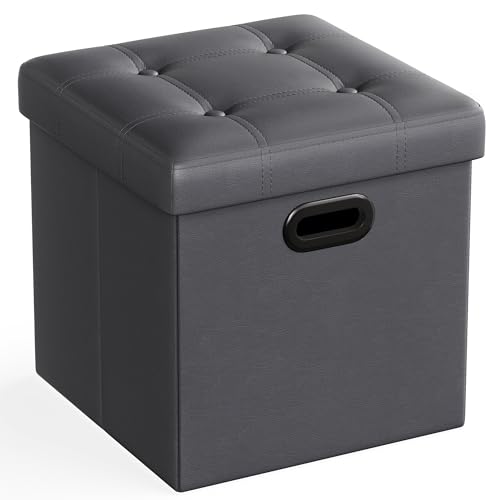 SONGMICS Mazie Collection - 15 Inches Ottoman with Storage, Footstool, Storage Ottoman with Metal Grommet Handles, Load 660 lb, for Dorm, Living Room, Bedroom, Synthetic Leather, Dark Gray ULSF030G01 - color: Dark Gray, size: 15"D x 15"W x 15"H