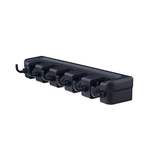 Superio Mop and Broom Holder Wall Mount (Black) Cleaning Tools Wall Organizer, 5 Rack Slots and 6 Hooks for Kitchen Closet Garage Garden and Office - color: Black, size: Large, 1-pack