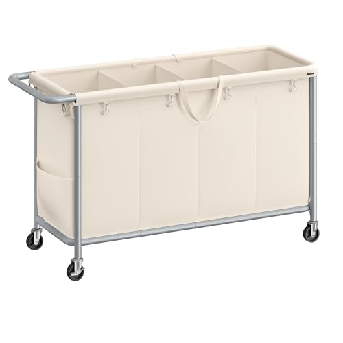 SONGMICS Laundry Basket with Wheels, 4-Section Rolling Laundry Hamper, 68.6 Gallons (260 L), Removable Liner, Steel Frame with Handle, 43.3 x 15.4 x 31.9 Inches, Cream White URLS014W01 - color: Cream White, size: 260 L (4-Section), style: Rectangular with