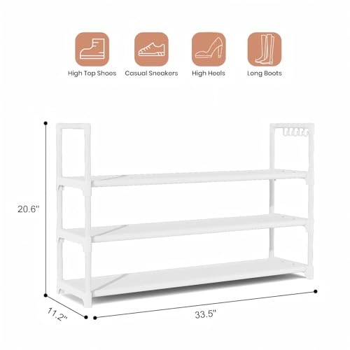 VILICK Shoe Rack for Closet Shoe Organizer Space Saver Storage for 12-15 Pair Shoe Shelf with Hook Free Standing 3 Tier Shoe Rack Organizer for Entryway, Small Spaces, White - color: White, size: 33.5"W - 3 Tier