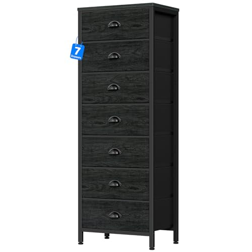 Furnulem Bedroom Dresser, Tall Chests of Drawers with 7 Fabric Bins, Black Organizer in Closet, Dorm, Living Room, Nursery, Hallyway-Storage Tower Unit, Sturdy Steel Frame - color: Black Oak, size: 11.8"D x 15.8"W x 43.3"H (7 Drawers)