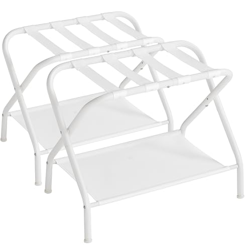 SONGMICS Luggage Racks, Set of 2, Suitcase Stand with Fabric Storage Shelf, for Guest Room, Bedroom, Hotel, Foldable, Holds up to 110 lb, 27.2 x 15 x 20.5 Inches, Cloud White RLR002W02 - color: Cloud White, style: with Shelf