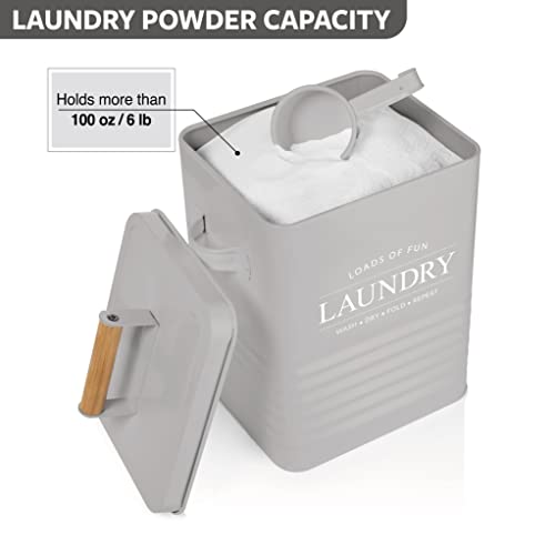 Calindiana Modern Farmhouse Metal Laundry Soap Dispenser Container Holder with Scoop for Laundry Room Decor and Space Saving Laundry Room Organization and Storage, Laundry Powder Container, Grey - color: GREY