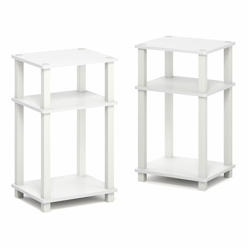 Furinno JUST Side Table Set of 2, 3-Tier Open Shelf Modern End Table, Toolless Assembly Night Stand, Bedside Table with Square Tube, for Living Room, Bedroom, White - color: White/White, size: 3-Tier, Square Pole, style: 2-Pack