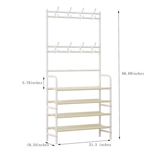 Coat Rack Shoe Rack With Storage Shelf Freestanding with 8 Hooks for Entryway Bedroom Closet (White, 4Tiers) - color: White