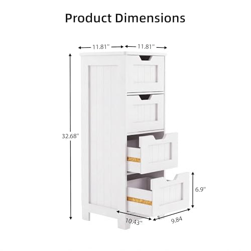 Casaphoria Skinny Bathroom Floor Storage Cabinet, 4-Drawer Narrow Freestanding Tower Cabinet with Anti-Tip Kit, Space-Saving Wooden Organizer for Small Spaces, White - size: 11.81"L×11.81"W×32.68"H