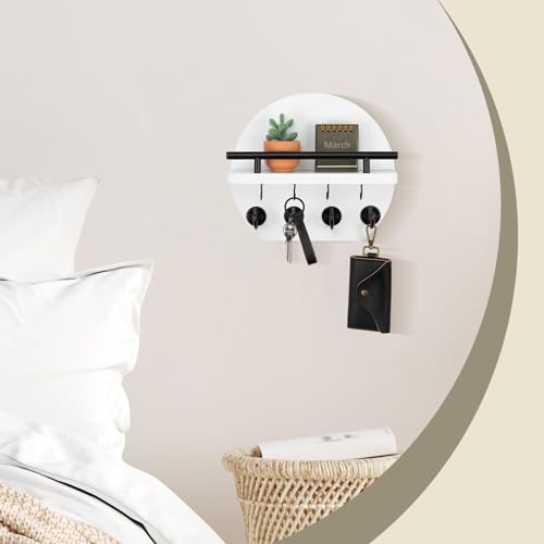 Nekon Key Holder for Wall - 9.8 Inch Apartment Wall Decor with Shelf and 8 Key Hooks, Circular Wood Key Hanger for Home Decor (White) - color: White